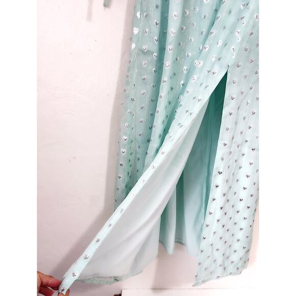 FOR LOVE & LEMONS NWT Eden Silk Metallic Hearts Midi Dress Mint Silver Size S - Picture 9 of 13